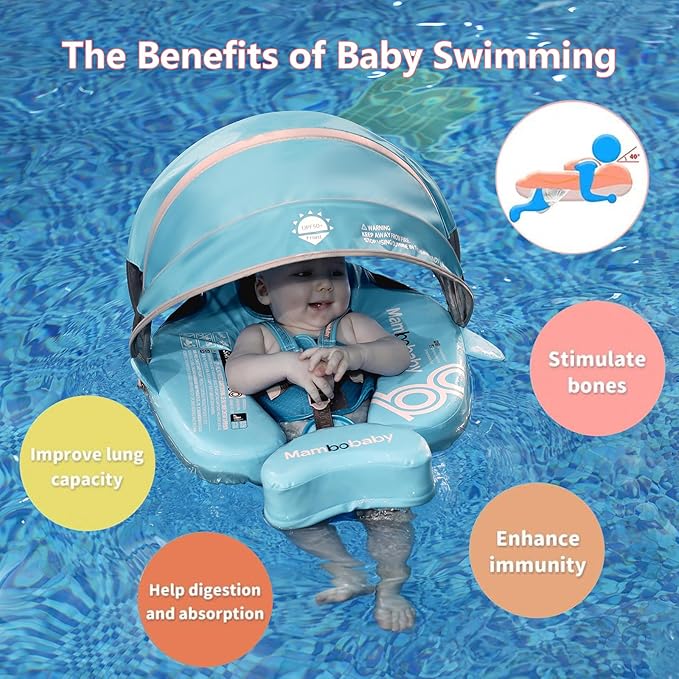 Mambobaby Float with Removable UPF50+ UV Sun Protection Canopy, Infant Pool Float Swimming Float with Tail & Adjustable Safety Seat, Baby Floats for Pool Bathtub (Narwhal Green-K03NGCTLURBKMF01K03)