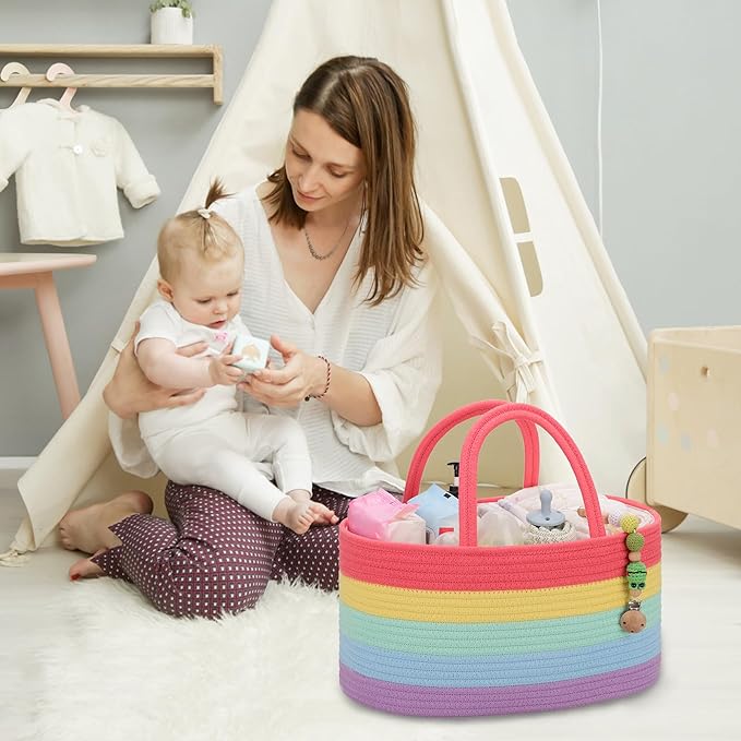 COMSE Large Baby Diaper Caddy Organizer for Girl Boy, Car Caddy with Handles, Cotton Rope Basket for Changing Table, Nursery Organizer, Gift for Baby Shower and Registry Must Have, Rainbow