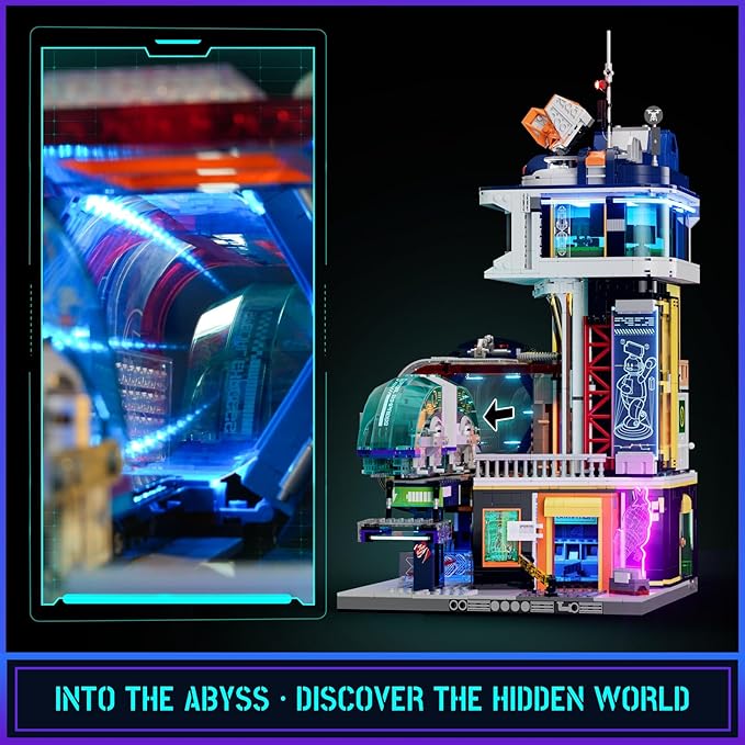 Cyberpunk Floating-Train-Station Lighting-Building-Bricks Set - Cyberpunk City Future Levitation Train Station Street View Collection LED Light Model 2760 Pcs for Adults and Sci-fi Lovers