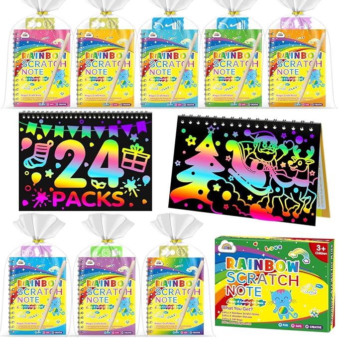 ZMLM Rainbow Scratch Party Favors Kids: Birthday Gifts Toy Bulk Scratch Art Notebook 24 Pack Birthday Goodie Bags Stuffers Girls Boys Art Craft Kit Pads Classroom Prizes School Supplies Teacher Return