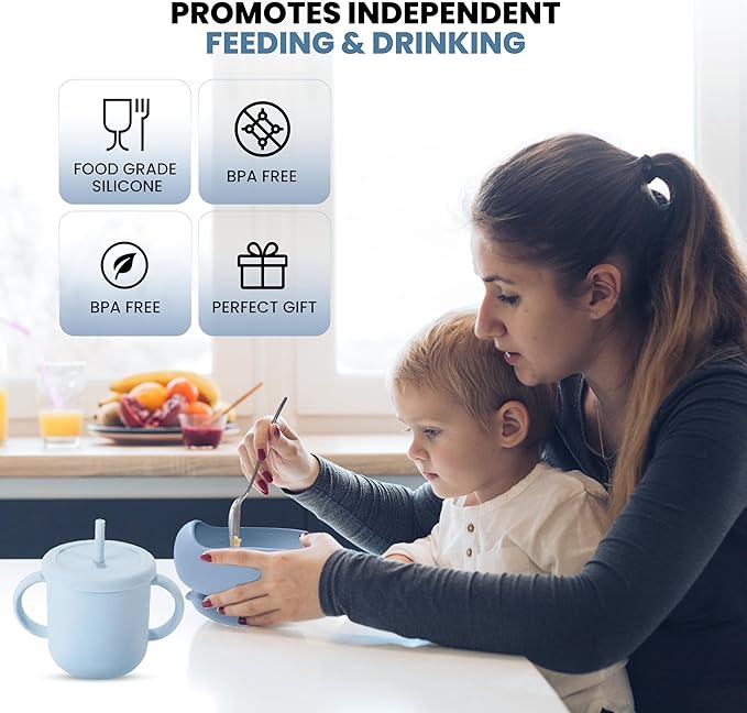 Silicone Baby Feeding Set 15-Piece BPA-Free Baby Led Weaning Kit for 6+ Months – Elephant Suction Plate, Bowl, Forks, Spoons, Bib, Cup, lids, Teether & More – Gift Kraft Box – Baby Registry Blue Gray