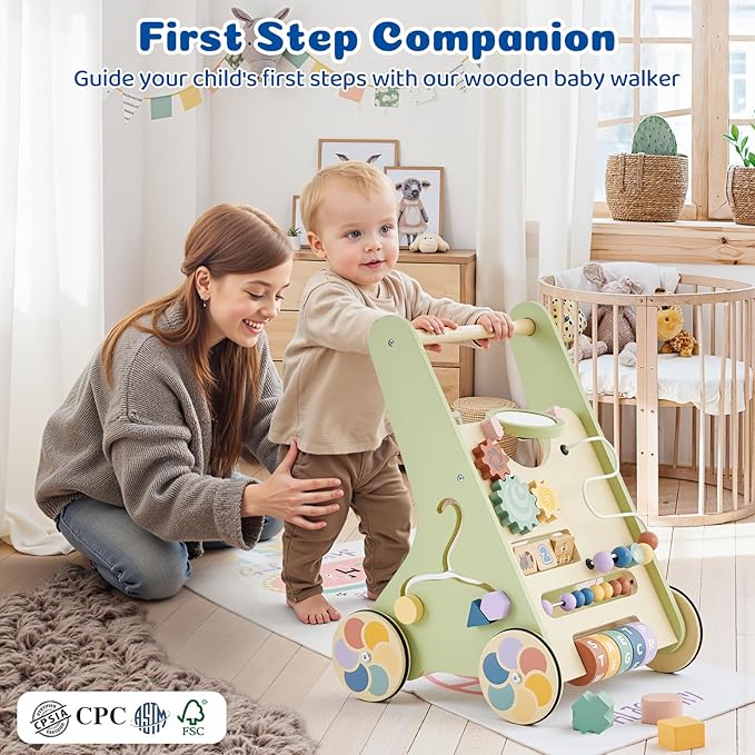 Baby Push Walker for Baby Boy 6-12 Months, Wooden Baby Walker Push Toy, Learning to Walk, Baby Walkers for Girls, Montessori Walker Toy with Wheels