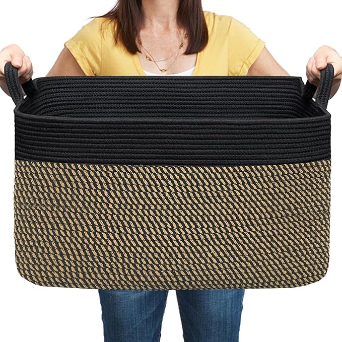 COMFY-HOMI Large Rectangular Blanket, Cotton Rope Woven for Storage, LaundryHamper, Storage,Toy Organizing Bin with Handle, Organizer and Storage-22x15x12-Black/Jute