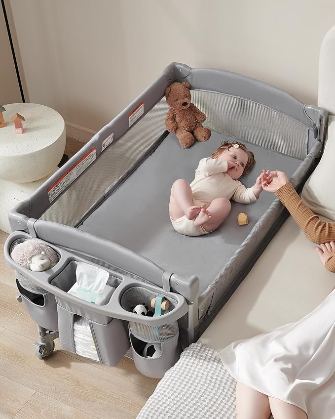 AirClub 4 in 1 Baby Bassinet Bedside Sleeper, 4 Functions Crib, Playard, Portable Changing Table, Bassinet for Newborn Baby, Bedsaide Bed w/Wheels&Brakes