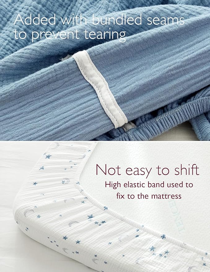 Momcozy Muslin Mini Crib Sheets Fitted - 38''x26'' Pack and Play Sheets for Pack N Play Mattress, 2 Pack Soft & Breathable Natural Cotton Non Slip Bed Cover for Boys, Girls, Blue Star Moon