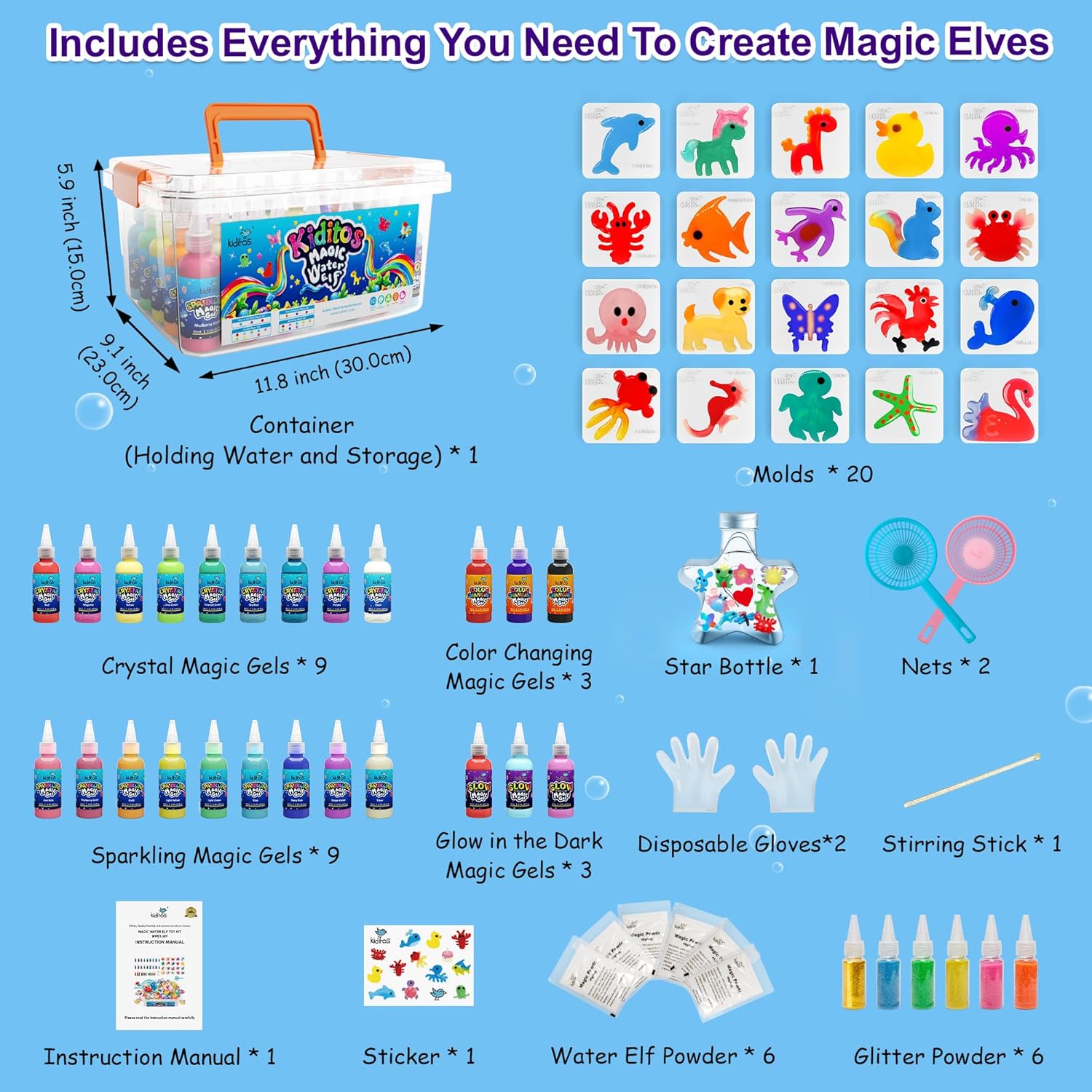 Kiditos Magic Water Elf Toy Kit–Squishies for Kids, 24 Gels+6 Glitter Powders&20 Molds, Magic Gel Water Pets Sensory Toy, Fun DIY Craft Kit, Party Favors, Birthday & Christmas Gifts for Kids Ages 3+