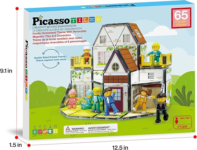 PicassoTiles Magnet Tile Building Block Family Homestead Doll House Theme Playset 8 Character Action Figures Double Sided Magnetic Tiles Printing STEM Education Learning Kit Toy Set Kids Ages 3+ PTQ06