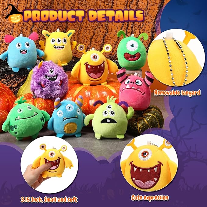Libima 9 Pcs Mini Stuffed Animals Keychains 3.15 Inch Small Plush Cute Ornaments Bulk Toys for Baby Shower Birthday Party Decors Gift Bags Fillers Halloween Christmas Basket Stuffers(Monsters)