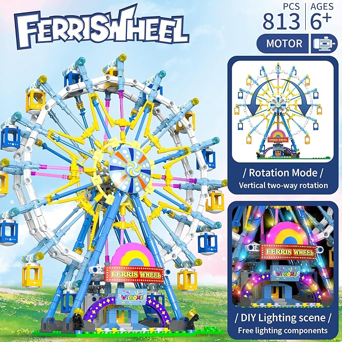 2025 Newly Upgrade Ferris Wheel Building Set with Fairy Light, Two-Way Rotating Ferris Wheel Building Blocks Set of 813 PCS, Amusement Park Model Kit for Kids Ages 8+, Ideas Gift for Boys and Girls