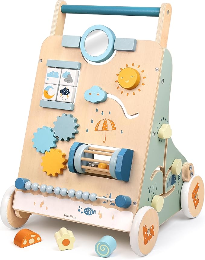 PairPear Wooden Baby Walker, Baby Push Walker, Montessori Walker Toy with Activity Center for Girls Boys, Adjustable Speed Baby Walker for Kids Development