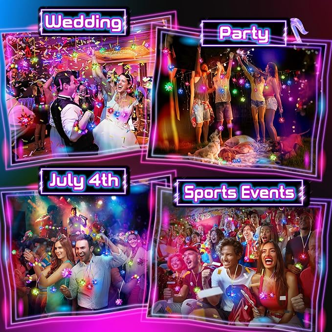 HONLYNE48 48 PCS Flashing Crystal Star Necklaces, LED Glow in The Dark Party Favors for Kids Adults Birthday Rave Halloween Goodie Bags Filler