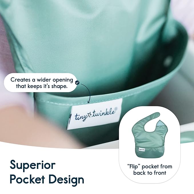 Tiny Twinkle Mess Proof Baby Bibs for Eating - Waterproof, Wipeable Bibs - Toddler Bibs - Travel Friendly - PFAS, PVC, BPA, Phthalate Free - Baby Food Bibs (3 Pack,Slate, Olive)