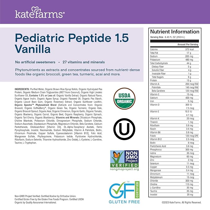 KATE FARMS Organic Pediatric Peptide 1.5 Formula, Vanilla, Sole-Source Hydrolyzed Plant-Based Nutrition for Oral or Tube Feeding, 8.45 oz (12 pack)