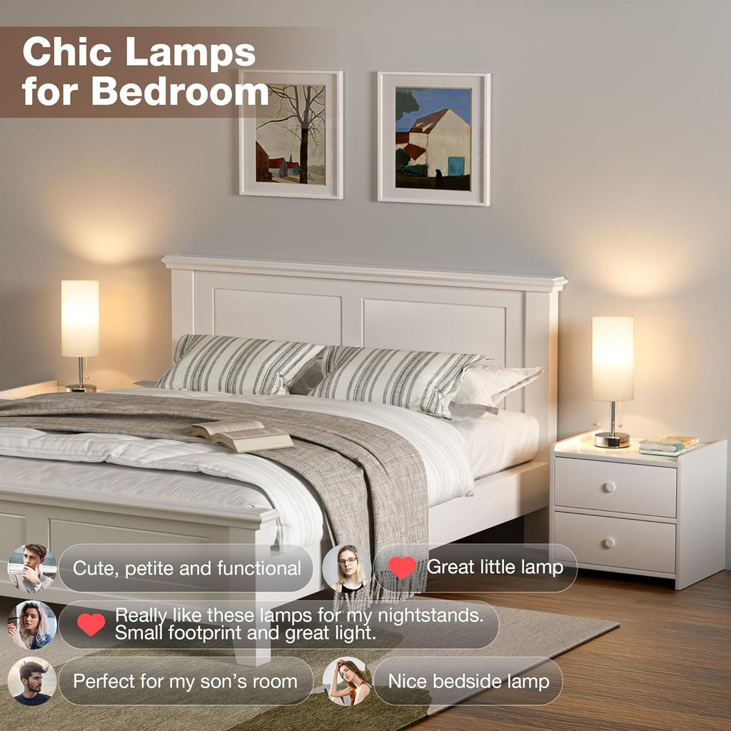 White Bedside Lamps for Bedroom Set of 2 - Nightstand Lamp with USB Charging Port, 3 Color Temperatures, Silver Base Night Stand Light, Side Table Desk Reading Lamp Dorm Room