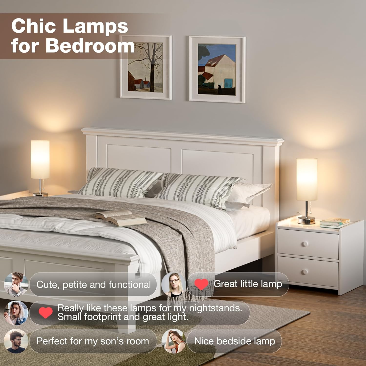 White Bedside Lamps for Bedroom Set of 2 - Nightstand Lamp with USB Charging Port, 3 Color Temperatures, Silver Base Night Stand Light, Side Table Desk Reading Lamp Dorm Room