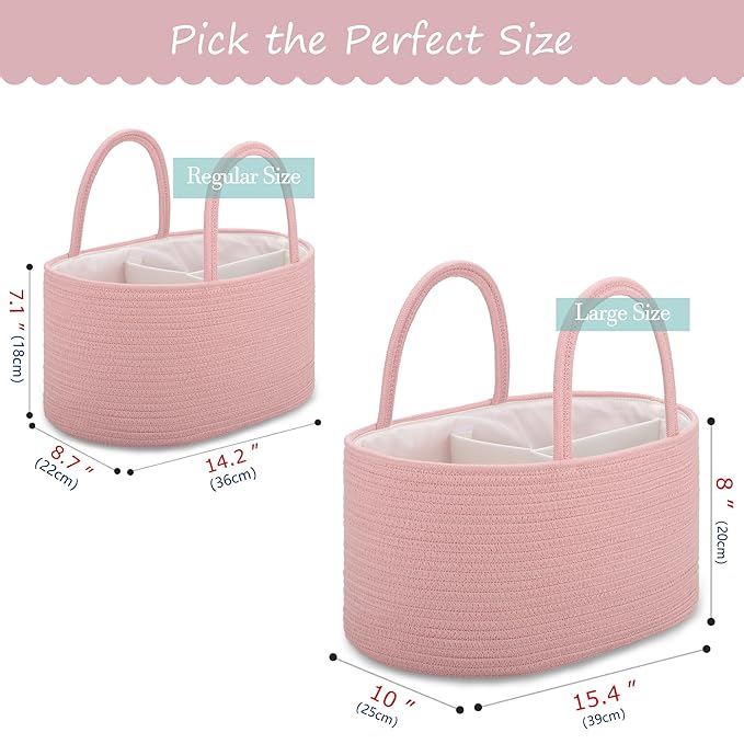 COMSE Large Baby Diaper Caddy Organizer for Girl Boy, Car Caddy with Handles, Cotton Rope Basket for Changing Table, Nursery Organizer, Gift for Baby Shower and Registry Must Have, Dusty Pink