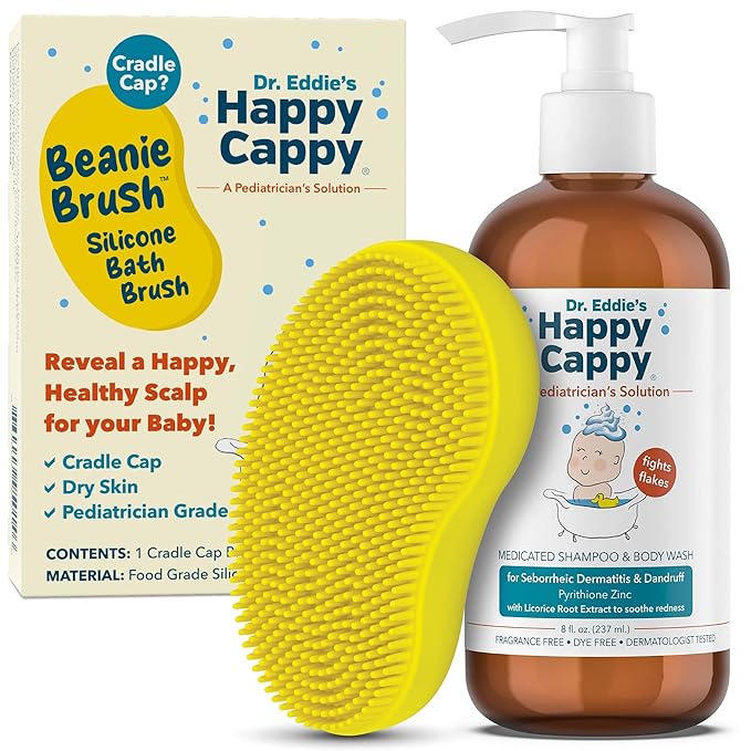 Happy Cappy Medicated Shampoo and Body Wash and Beanie Brush Bundle - Baby Dandruff Shampoo, Helps Cradle Cap and Seborrheic Dermatitis, Fragrance-Free, Gentle Baby Scalp Scrubber - 2 Pieces