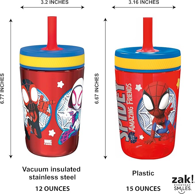 Zak Designs Spidey and His Amazing Friends Kelso Tumbler Set, Leak-Proof Screw-On Lid with Straw, Bundle for Kids Includes Plastic and Stainless Steel Cups with Bonus Sipper, 3pc Set, Non-BPA