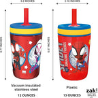 Zak Designs Spidey and His Amazing Friends Kelso Tumbler Set, Leak-Proof Screw-On Lid with Straw, Bundle for Kids Includes Plastic and Stainless Steel Cups with Bonus Sipper, 3pc Set, Non-BPA