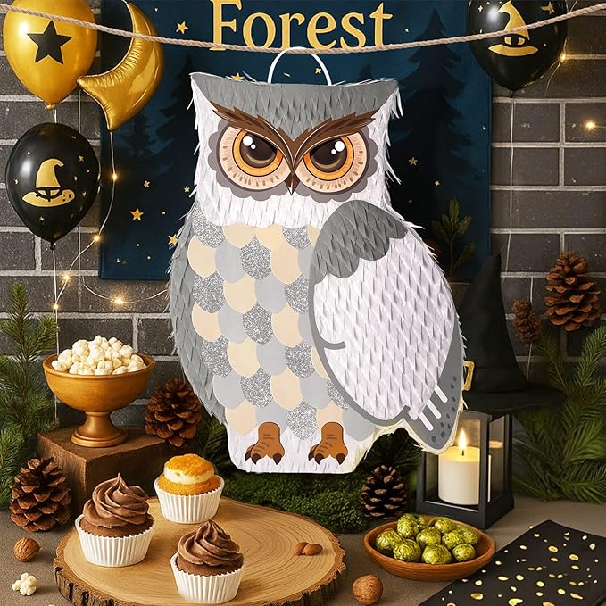 WERNNSAI Night Owl Piñata - Owl Wicked Pinata Hanging Woodland Forest Party Decorations for Kids Birthday Animal Shower Party Game Favor, with Blindfold and Bat