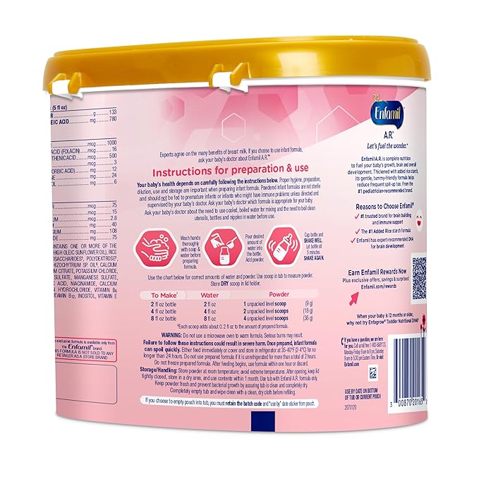 Enfamil A.R. Baby Formula, Added Rice Starch Formula to Reduce Reflux & Spit-Up, DHA for Brain Development, Probiotics to Support Digestive & Immune Health, Baby Milk, 19.5 Oz Tub, 4 Count