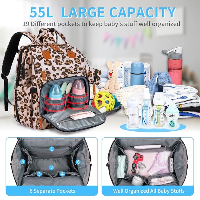 KABAQOO Diaper Bag Backpack with Detachable Changing Station, Large Capacity Baby Diaper Bags for Boys & Girls, Baby Registry Search Stuff & Shower Gifts, Newborn Essentials Must Haves, Leopard Print