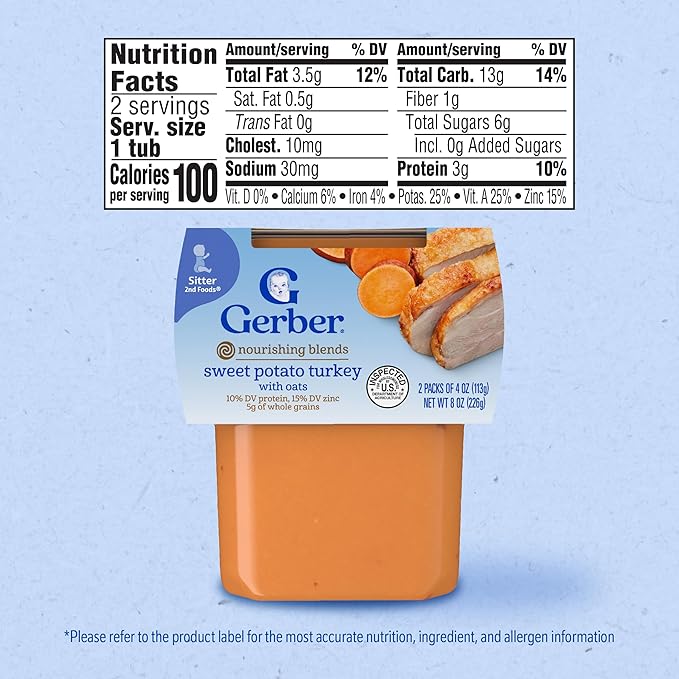 Gerber Stage 2 Baby Food, Sweet Potato Turkey with Oats Puree Tub, Nourishing Blends, No Added Colors or Flavors, Baby Puree, 16-Pack
