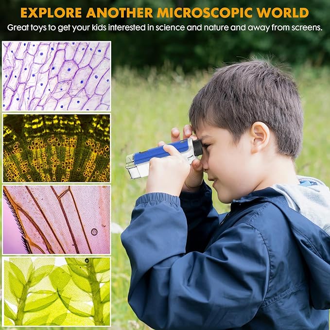 Portable Handheld Mini Microscope for Kids, 100x-250x Zoom with LED Lights, Alloy Pocket Microscope for Boys & Girls, Educational Science Kit (Blue)