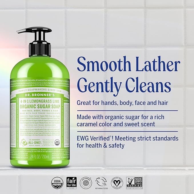 Dr. Bronner's - Organic Sugar Soap (Lemongrass, 64 Ounce) - Made with Organic Oils, Sugar and Shikakai Powder, 4-in-1 Use: Hands, Body, Face and Hair