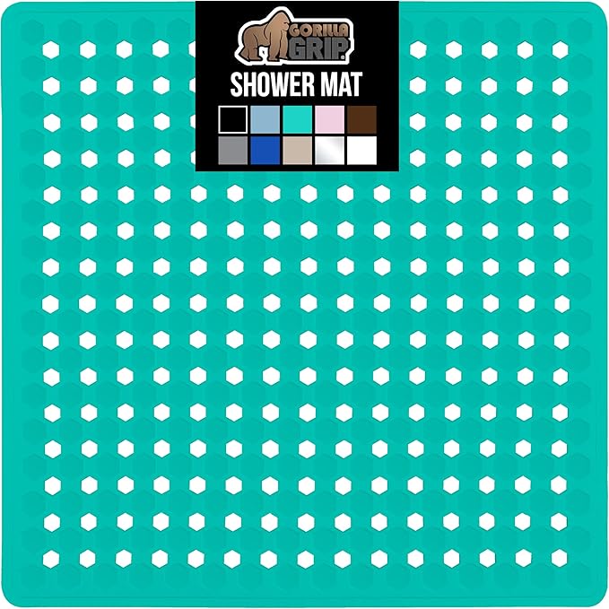GORILLA GRIP Patented Square Shower Stall Mat, Small Bathtub Floor Mats for Stand Up Showers, Suction Cups and Drain Holes, Machine Wash, Soft on Feet, Bathroom Accessories 21x21 Inch Turquoise Opaque