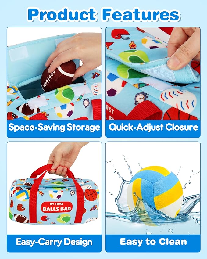 Vanmor Sensory Sports Balls for Babies 6-12M+, 6 Pack Machine Washable Plush Ball Set with Crinkle, Rattles, Squeaky Sounds, Toddler Learning Toys, Portable Travel Bag, Baby Shower Toy for Newborn