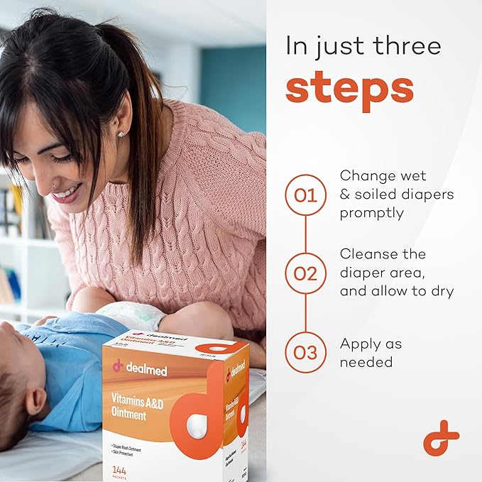 Dealmed A&D Ointment | Diaper Rash Cream for Baby with Vitamins A & D | Moisturizing Skin Protectant | Soothes and Nourishes | Healing Ointment for Dry and Cracked Skin (144 Packets/Box, Pack of 1)