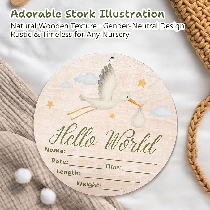 Hello World Baby Announcement Sign, Stork Newborn Sign, 6.7 Inch Round Wooden Name Sign for hospital, With Ink Pad for Hand and Footprints, Marker Pen, Baby Photo Prop & Keepsake