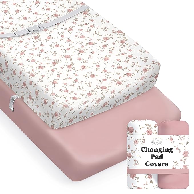 Sorrel + Fern Baby Changing Pad Cover 2-Pack for Girls (Juliette) - Premium Fitted Sheets Baby Diaper Changing Table Cover - Buttery Soft Cotton Blend