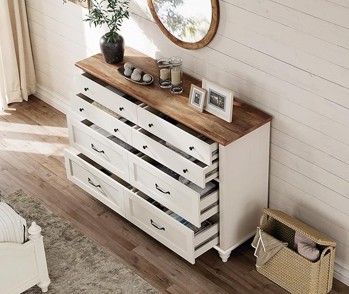 WAMPAT Kids Dresser for Nursery with 8 Drawers, Off White Baby Dresser for Kids Room, Wide Wooden Chests & Dressers for Bedroom, Distressed Mid Centuy Storage Organizer for Child’s Room, 54 Inch