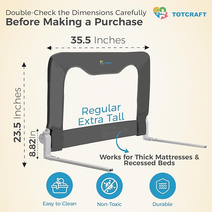 TotCraft Bed Safety Rails for Toddlers - Bed Rail Guard for Queen, King, Full Szie, Twin Mattress Bed (Grey, 35.5W*23.5H Inch (Regular Extra Tall))