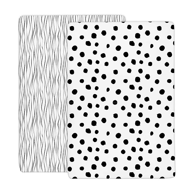 Crib Sheet Set | Toddler Sheet Set 2 Pack 100% Jersey Cotton Black and White Abstract Stripes and Dots