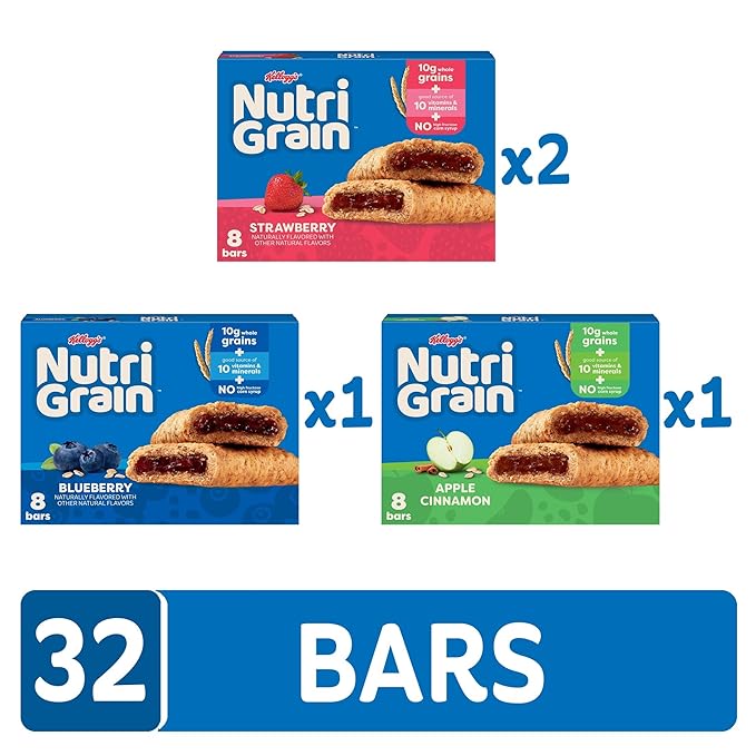 Nutri-Grain Soft Baked Breakfast Bars, Kids Snacks, Whole Grain, Variety Pack (4 Boxes, 32 Count)