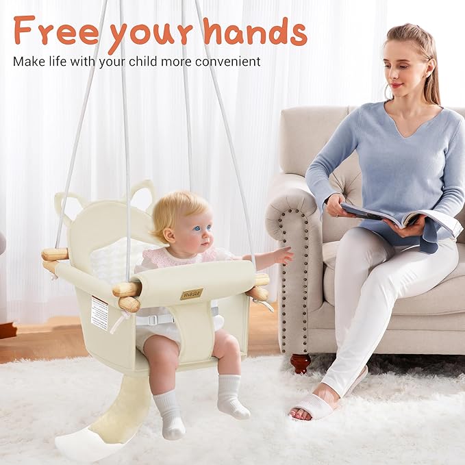 Wooden Hanging Baby Swing with Soft Safety Belt, Cozy Infant Swing Seat for Indoor & Outdoor Use, Adjustable Height, Includes Mounting Hardware – Suitable for Babies & Toddlers(Fox-Themed in Beige)