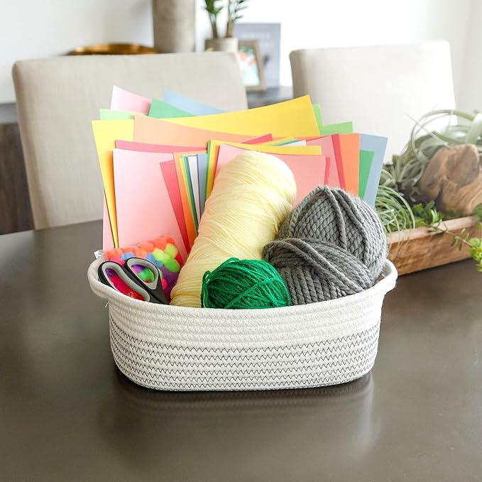 NaturalCozy 5-Piece Rectangle Storage Basket Set- Natural Cotton Rope Woven Baskets for Organizing! Small Basket for Montessori, Baby Nursery, Dog Toy Baskets, Cat Toy Box, Bathroom Organization Bin