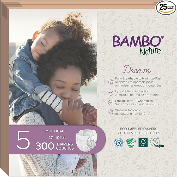 Bambo Nature Hypoallergenic Dream Baby Diapers, Premium Eco-Labeled Sustainable Diapers, Enhanced Leakage Protection, Totally Chlorine-free, Skin Friendly, and Super Absorbent - Size 5 (300 Count)