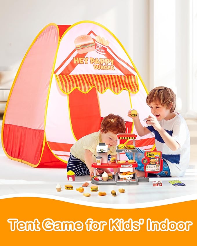 Kids Play Tent, Pop Up Play Tent Burger Theme with Complete Toy Set, Play Toys Play Set for Kids Indoor Outdoor Pretend Play
