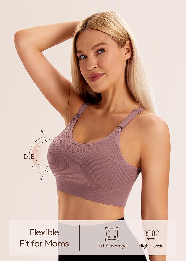 Angelhood Nursing Bras for Breastfeeding, Ribbed Nursing Sports Bra Yoga Maternity Bras Pregnancy Sleep Bralette