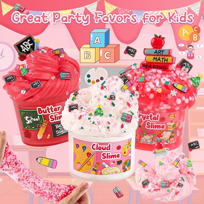 LAWOHO 6 Packs Slime Kit, Back to School Slime Gifts for Kids, Red Learning Themed Slime with Cloud Butter Clear Textures, Birthday Party Favors Goodie Bags Stuffer Anxiety Stress Relief Toys