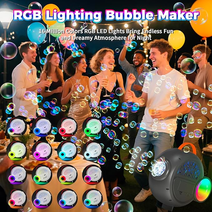 Rechargeable Bubble Machine with Upgrade RGB LED 16 Million Colors, 20000+ Bubbles Per Minute, Portable Bubble Maker for Kids, Weddings, Birthday Parties, Outdoor, Plug in or Battery Power