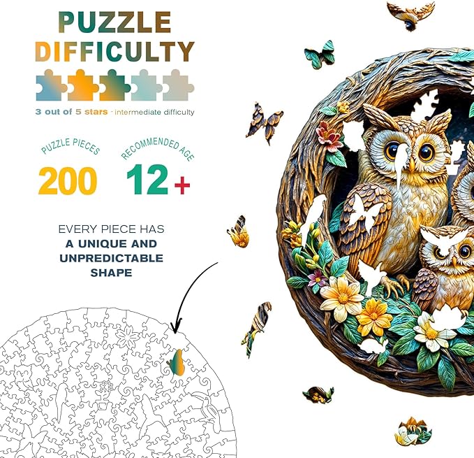 Wooden Puzzles for Adults and Kids - 3D Vision Effects Owl Family Wooden Jigsaw Puzzle - Unique Animal Shaped Wood Puzzles Adult - Creative Birthday Gift Family Game (200pcs)