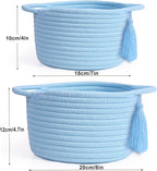 Empty Gift Basket Mini Woven Rope Organizer Baskets for Baby Shower, Vanity, Makeup Brushes, Bathroom, Shelves, Desk - Small Decorative Storage Bins - Set of 2, Pre-Shaped, Soft Blue