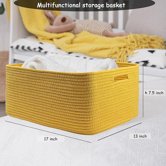 COMFY-HOMI 3 pcs Large Storage Baskets for Shelves, Laundry Basket, Woven Rope Basket, Closet Organizer Bins for Clothes Blanket Towels, Baby Nursery, Gift Toy Baskets, 17” x 13” x 7.5”-Yellow