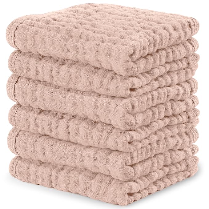 Comfy Cubs Muslin Baby Washcloths 6 Pack - Soft 6-Layer Cotton Wash Cloths for Sensitive Skin - 10"x10" Large, Gentle, Absorbent Infant Essentials for Newborn and Toddlers - Blush