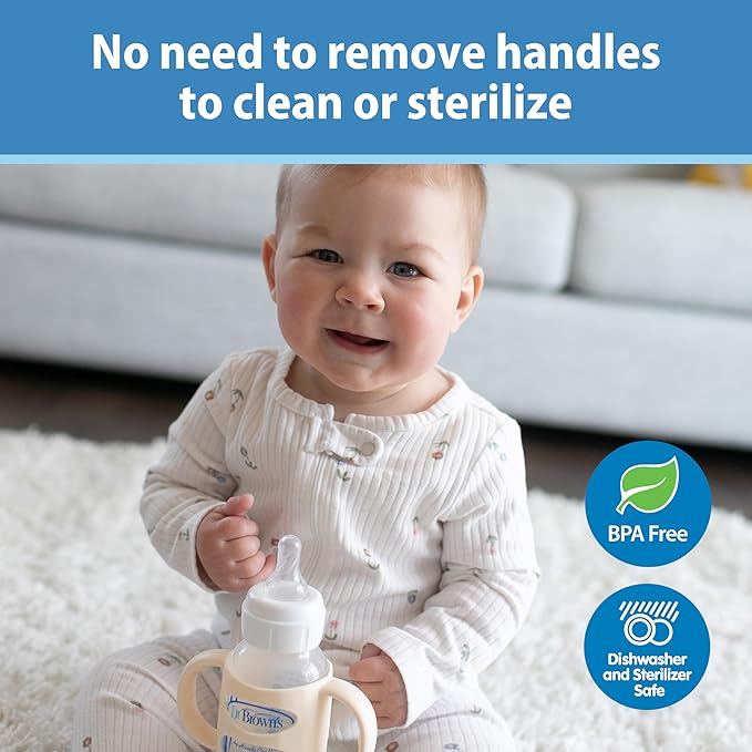 Dr. Brown's Narrow Baby Bottle Handles, 100% Silicone, Easy Grip Removable Handles for Bottle to Sippy Cup Transition, Black/Ecru/Pink, 3-Pack, 4m+